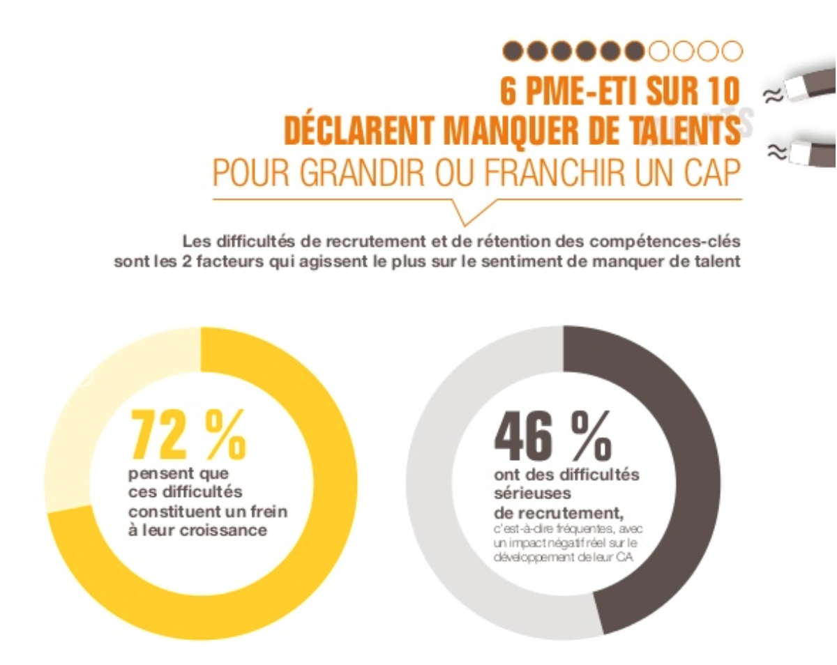 Les difficultés de recrutement et de rétention des compétences-clés sont les deux facteurs qui agissent le plus sur le sentiment de manquer de talents. - Source : bpifrance-lelab.fr