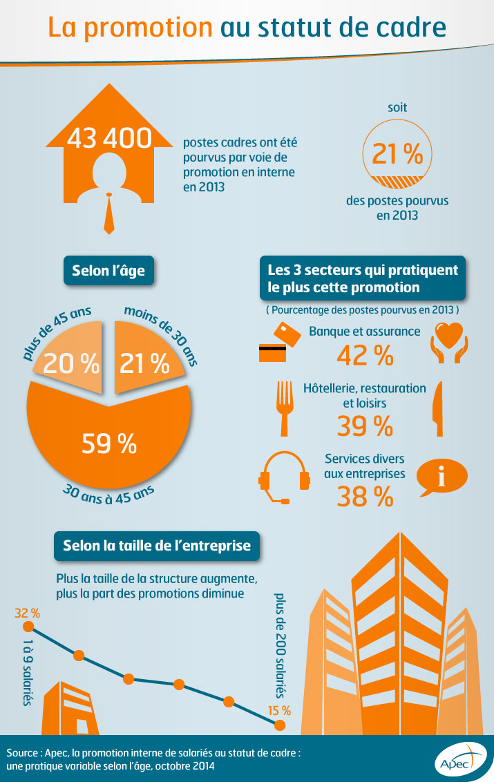 La promotion au statut cadre dépend du secteur. Dans le secteur de la banque-assurance par exemple la pratique de la promotion interne est très ancrée dans la culture RH. Pour d'autres secteurs ce sont les difficultés de recrutement sur certains postes et le déficit d'attractivité qui vont plus encourager le recours à la promotion interne. - Source : cadreo.fr - apec.fr