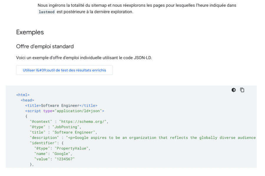 Exemple d'annonce d'emploi utilisant le code JSON-LD